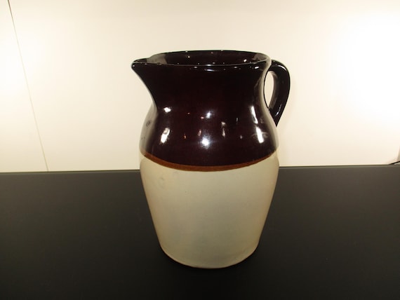 Vintage Large Stoneware Pottery Beige & Brown Pitcher with Spout 8.5 Inches Tall Excellent Original Condition