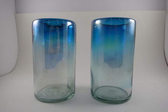 Pair of Hand Blown Teal(ish) Drinking Glasses 5 3/4 Tall