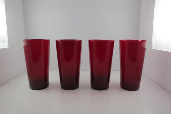 Set of Four Heavy Glass 6 1/4 Inch Tall Ruby Red Drinking Glasses Excellent Condition