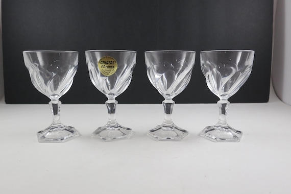 Set of Four Vintage Cristal D'Arques French Crystal Orsay Cordial Glasses Hexagon Base 3 5/8 Inches Tall Pristine Condition