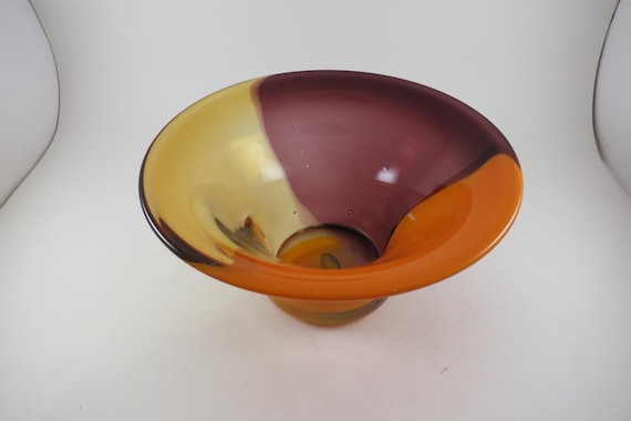 Teleflora Hand Blown MCM Style Art Glass Bowl Orange & Amber