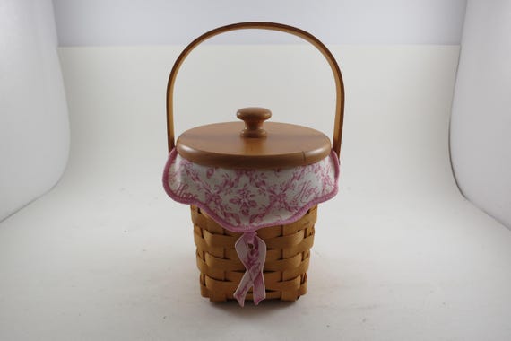 2002 Longaberger Horizon of Hope American Cancer Society Basket with Wood Lid Cloth Liner Plastic Protector and Medallion Excellent Cond