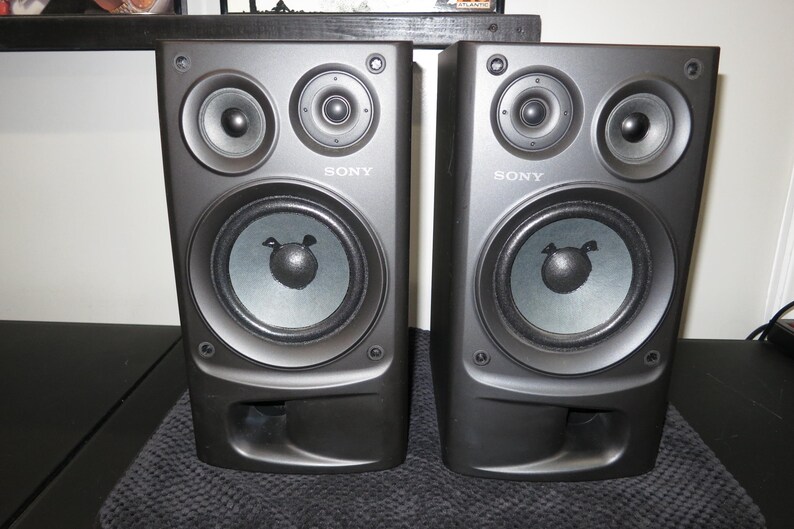 May include: A pair of black Sony bookshelf speakers, each featuring a large woofer, a smaller tweeter, and a rectangular bass reflex port at the bottom. The Sony brand name is printed in white lettering on the front of each speaker cabinet.