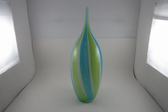 Vintage Tozai Home Striped Blue Green White 14 Inch Vase