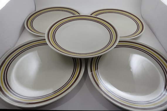 Set of 5 Vintage TST Italiano Ironstone Dinner Plates, MCM Brown Yellow Stripe