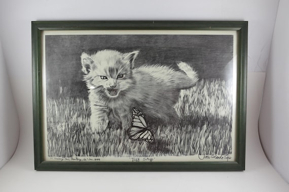 Vintage Framed Lithograph 1984 Tuff Stuff James Orlando Ogle Kitten & Butterfly 16x11