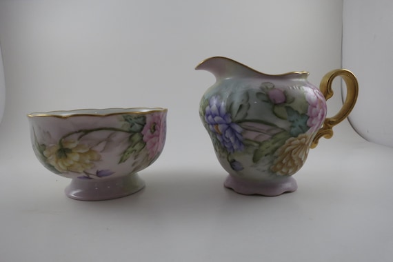 Vintage Plankenhammer Floss Bavaria Germany Hand Painted Cream and Open Sugar Set