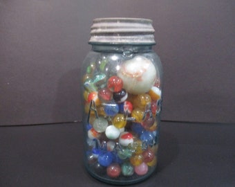 Vintage Aqua Ball Mason Jar with Original Lid Filled with Antique Marbles Regulars and Shooters Cat's Eyes All Colors Free Shipping