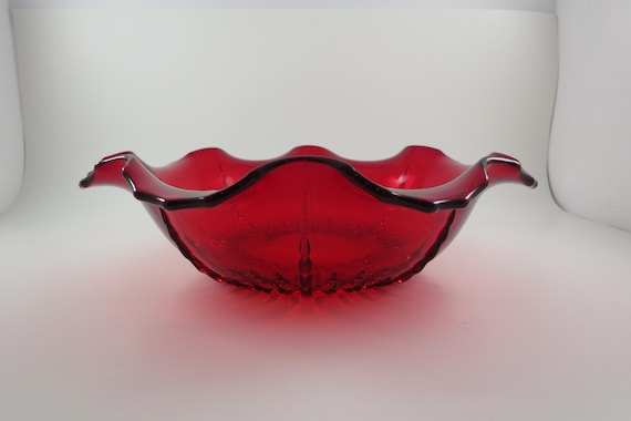 Vintage Ruby Red Scalloped Glass Bowl: Ruffled Edge, Icicle Drip