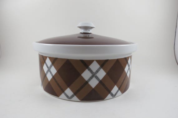 Vintage Fitz & Floyd Brown Plaid Tartan Pattern 8 Inch Round Covered Vegetable Casserole Bowl