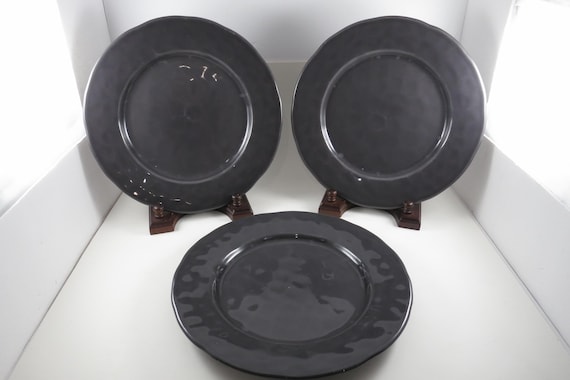 Crate & Barrel Hayes Pattern Dark Gray 11 Inch Dinner Plates-Set of 3