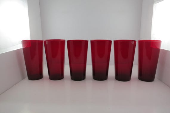 Set of Six Heavy Glass 6 1/4 Inch Tall Ruby Red Drinking Glasses Excellent Condition