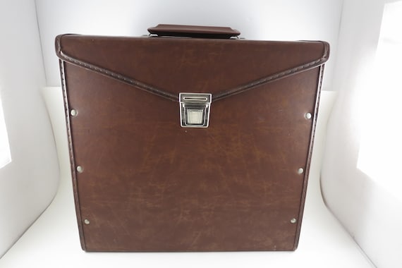 Vintage 80's Faux Brown Leather Record Carrying Storage Case with Handle