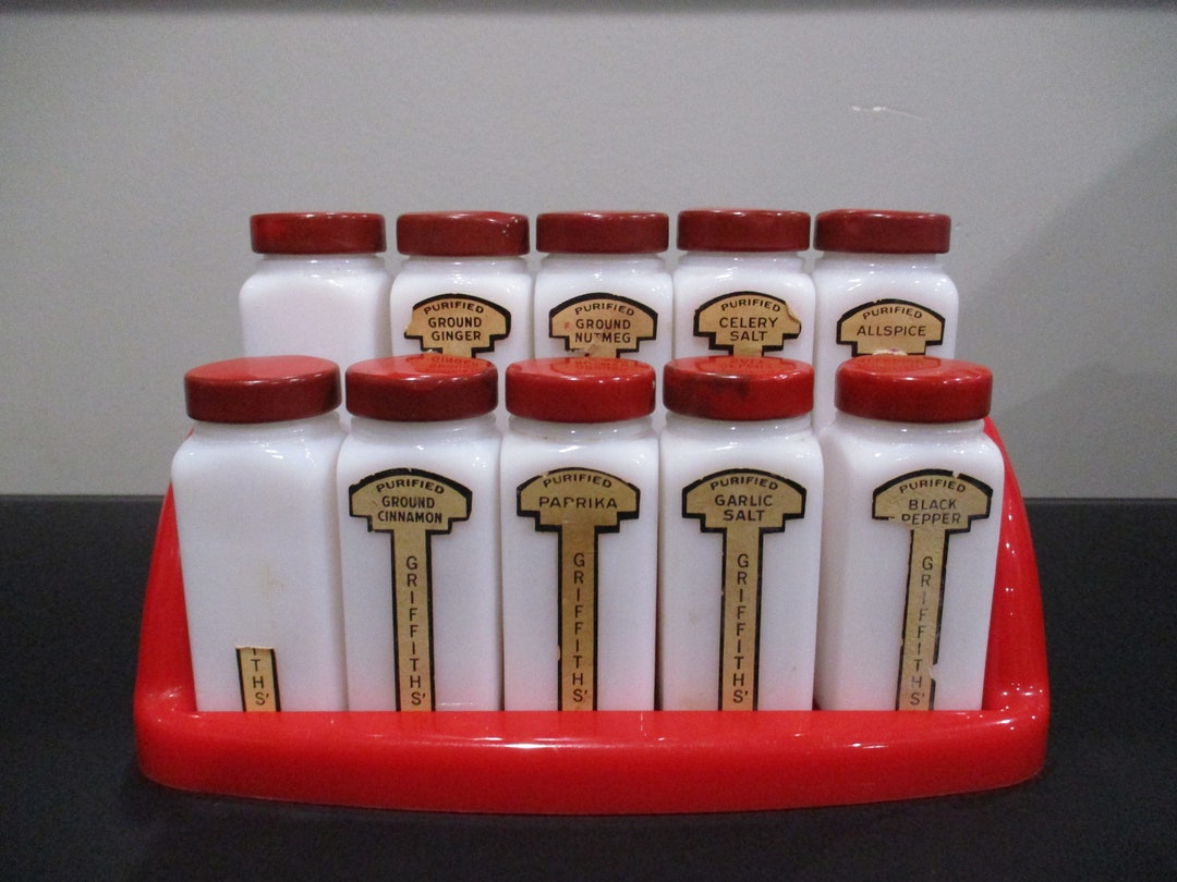 Vintage 1940's Griffiths Spice Jar Set of Ten Milk Glass With Original Lids and Hanging/standing