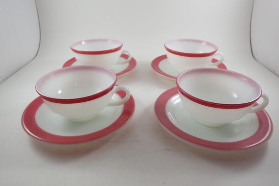 Vintage Pyrex Flamingo Pink Milk Glass Cup and Saucer Sets (Set of Four)