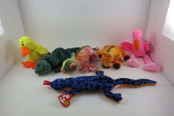 Collection of Six TY Beanie Babies Twigs Iggy Rainbow Lizzy Quackers Pinky All MWMT