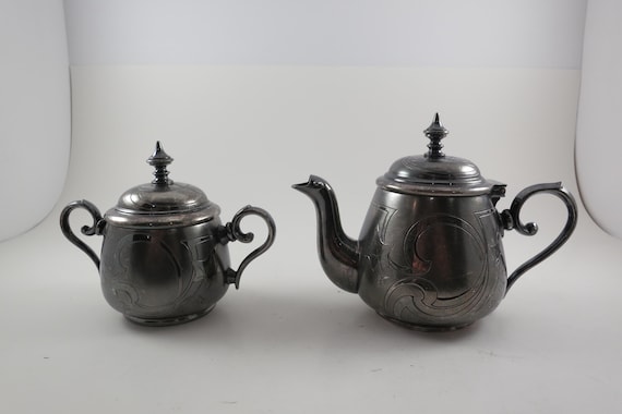 Vintage Silver Plate Cream and Handled Sugar with Lid Etched Very Ornate Marked Excellent Condition