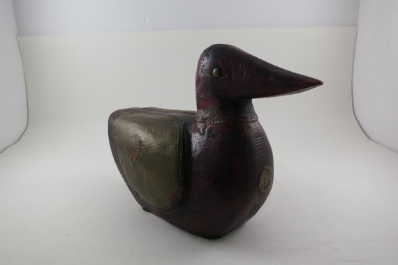 Vintage Hand Carved Wooden Duck Figure with Hammered Copper and Brass Accents