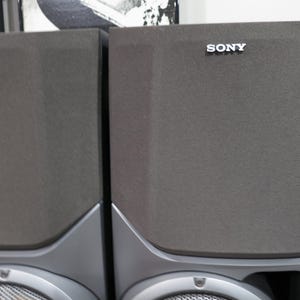 May include: Two gray Sony speakers with a silver Sony logo on the top. The speakers have a rectangular shape with a textured surface and a silver base. The bottom of the speakers have a circular speaker grill.
