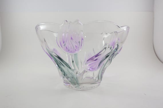 Art Glass Bowl: Clear with Purple & Green Flower Design