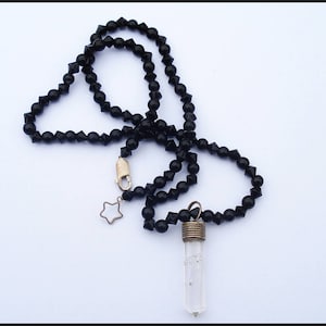 Vintage Sterling Silver French Jet Black Glass Beads and Crystal Necklace