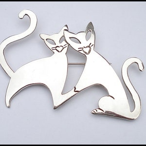 Vintage Taxco Mexico Large Sterling Silver Siamese Cats Pin