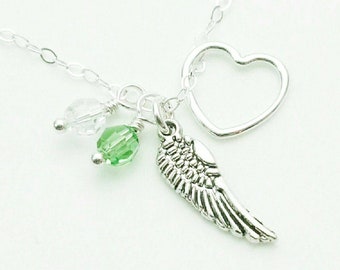 Miscarriage Remembrance Necklace, Sterling Silver Angel Wing, Birthstone Memorial