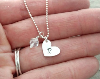 Heart and Birthstone Necklace With Initial, Sterling Silver Monogram Necklace, Layering Necklace, Gift for Daughter