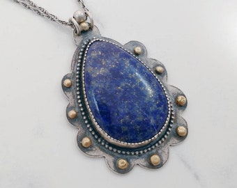 Handmade Lapis Lazuli Sterling Silver Necklace, Gold Accent