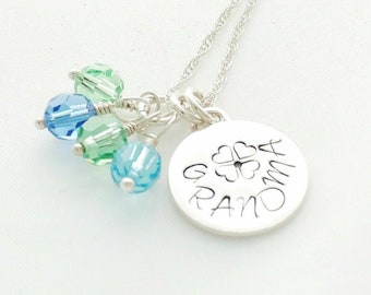 Birthstone Necklace With Hand Stamped Name and Flower, Gift from the Grandkids, Custom Mom Necklace, Personalized Gift for Grandma