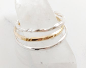 Set of 3 Stacking Rings, 2 Sterling Silver and 1 Gold Filled, Mixed Metal Rings, Gold and Silver Stacking Set, Mix and Match, Daughter Gift