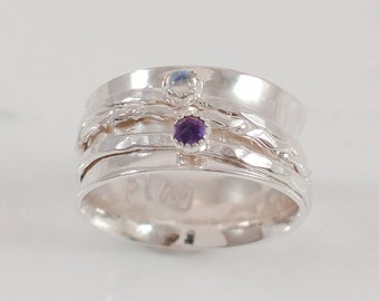 Birthstone Meditation Ring with 2 Gemstone Spinners and 1 Beaded Spinner