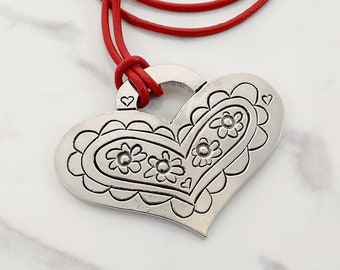 Vintage Gastineau Studios Pewter Heart Necklace, Red Leather Cord