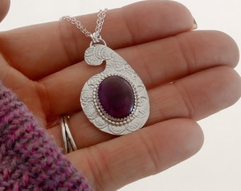 Amethyst Paisley Pendant, Sterling Silver Necklace, February Birthstone