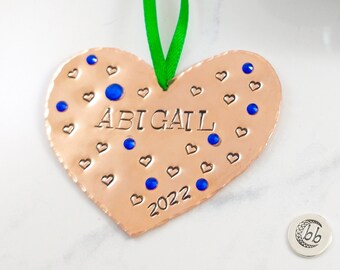 Custom Heart Shaped Ornament Hand Stamped With Name and Year and Birthstone Crystals