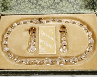 Vintage RF Simmons Crystal and Gold Filled Necklace and Clip On Earrings Set In Original Box, Art Deco Jewelry Set, Pre Owned