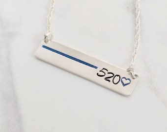 Sterling Silver Thin Blue Line Necklace, Personalized Badge Number, Police Wife Gift