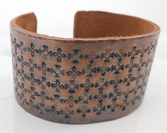 Copper and Leather Cuff, Hand Stamped Celtic Design, Wide Metal Bracelet, Comfort Fit
