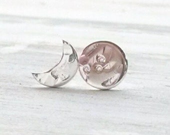 Crescent and Full Moon Earrings, Sterling Silver Celestial Stud Earrings, Handmade Lunar Studs, Love You to the Earrings