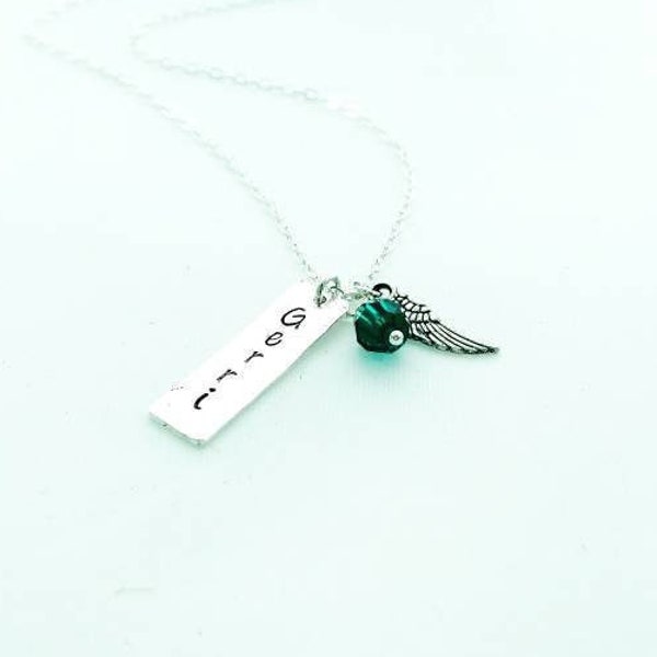 Remembrance Necklace with Name Birthstone and Angel Wing