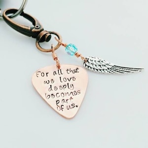 Guitar Pick Memory Keychain with Helen Keller Quote, Remembrance Gift for Loss of Guitar Player, Grief Gift, Memorial for Musician,