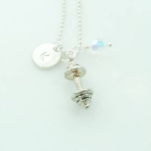 Initial, Dumbbell, and Birthstone Necklace, Sterling Silver Fitness Necklace, Personalized Work Out Motivation, CrossFit Gift