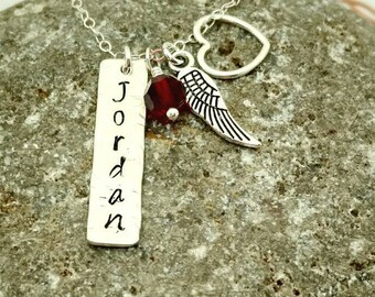 Name, Birthstone, Angel Wing, and Heart Remembrance Necklace