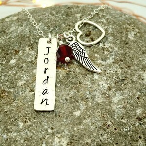 Name, Birthstone, Angel Wing, and Heart Remembrance Necklace