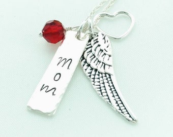 Remembrance Necklace with  Angel Wing, Name, Birthstone and Heart