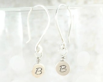 Initial Earrings, Sterling Silver Monogram Dangle Earrings, Personalized Custom Earrings, Hand Stamped Gift for Her