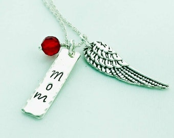 Name Birthstone and Angel Wing Remembrance Necklace, Sterling Silver Memorial Necklace, Hand Stamped Memory Gift for Loss of Loved One