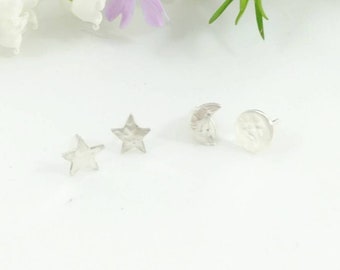 Tiny Star and Moon Earring Set, Sterling Silver, Lunar Celestial Gift, Astrology Studs, Night Sky Earrings, Artisan Made, Gift for Teen