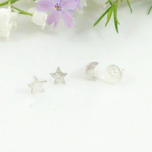Tiny Star and Moon Earring Set, Sterling Silver, Lunar Celestial Gift, Astrology Studs, Night Sky Earrings, Artisan Made, Gift for Teen