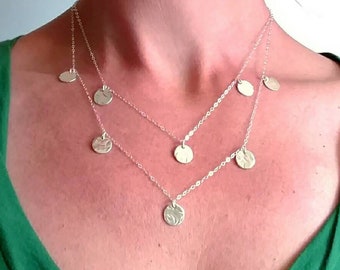 Double Strand Coin Necklace, Sterling Silver Circle Layering Necklace, Grecian Inspired Disc Jewelry, Valentine's Day Gift for Her